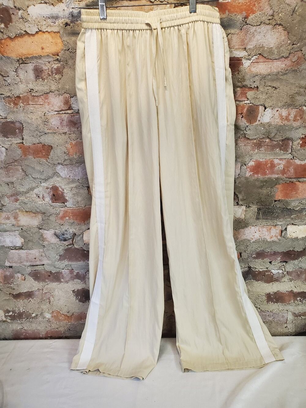 Unisex Track Lounge Pants M Cream Wide Leg Elastic Waist Drawstring Side Stripe